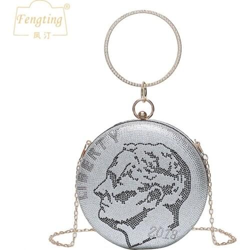 Mini circular silver Money Evening Bag Elegant Lady Diamond Clutch purse Womens wedding Party Handbag chain shoulder bag FT339