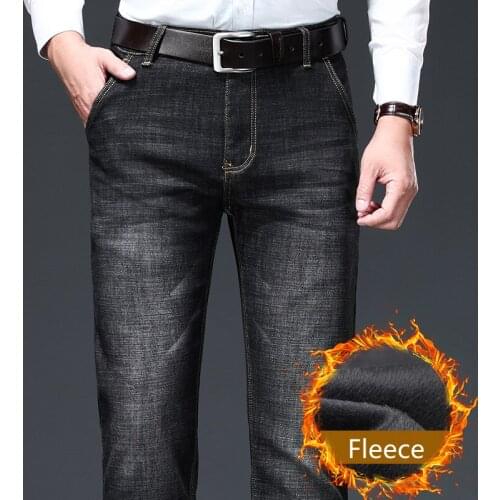 MenS High-End Brand Fleece Jeans 2021 Winter New MenS Loose Straight Stretch Denim Trousers Male Plush Thick Warm Slim Pants