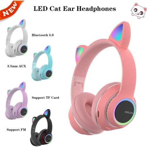 New Arrival LED Cute Cat Ears Wireless Headphones Bluetooth 5.0 Gaming Headset With Mic Best Gift Support TF card FM Radio