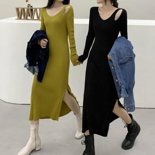 Autumn 2021 Off Shoulder Slim Straight Hollow Out Knitted Dress Long Sleeve O-neck Robe Femme Inside Ladies Dresses Split