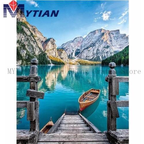 Clear Lake,Dock,Boat,Mountains,DIY Diamond Painting Kit,Full Square Round Drill Rhinestone Mosaic Home Decoration Wall Sticker