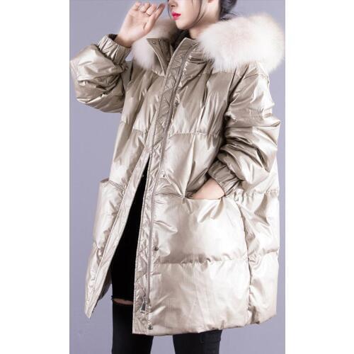 New Fox Fur Collar Down Coat Parka Winter Warm 90% White Duck Down Jacket Long Glossy Parka Jacket High Grade Down Coat Overcoat