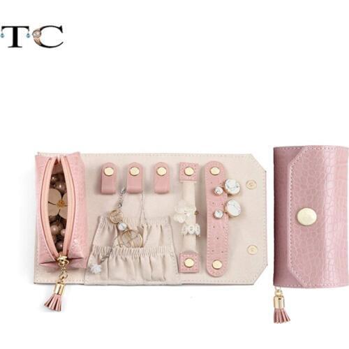 Pink PU Leather Portable Jewelry Storage Bag Necklace Ring Earrings Roll Bag Jewelry Storage Box Travel Cosmetic Bag