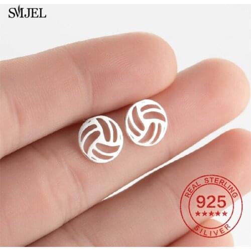 SMJEL 925 Sterling Silver Round Volleyball Earrings for Women Men Sports Jewelry Fashion Ball Stud Earring Piercing Club Gifts