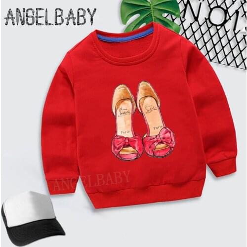 Boys Girls Sweatshirt Kids Vintage Paris Red Shoes Print Cartoon Hoodies Children Autumn Tops Baby Cotton Clothes,KYT5273