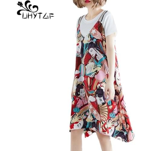 UHYTGF Plus Size Summer Two Piece Set Women Short-sleeve T-shirt Tops Print suspender chiffon dress Fashion Casual 2 Piece Set 1