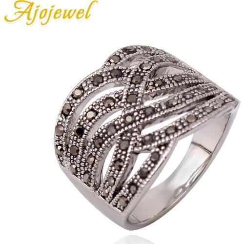 Ajojewel Vintage Women Wide Rings Plant Shape Hollow Out Black Rhinestone Silver Color Party Jewelry 2018 New Year Gift