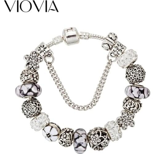 VIOVIA White Crystal Charm Bracelets & Bangles For Women Silver Color Bracelet Femme Wedding DIY Jewelry B17056