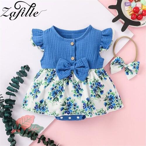 ZAFILLE Toddler Baby Girls Romper Newborn Baby Clothes Linen Ribbed Bow Floral Romper Summer Bodysuit For Newborns Outfits 0-18M