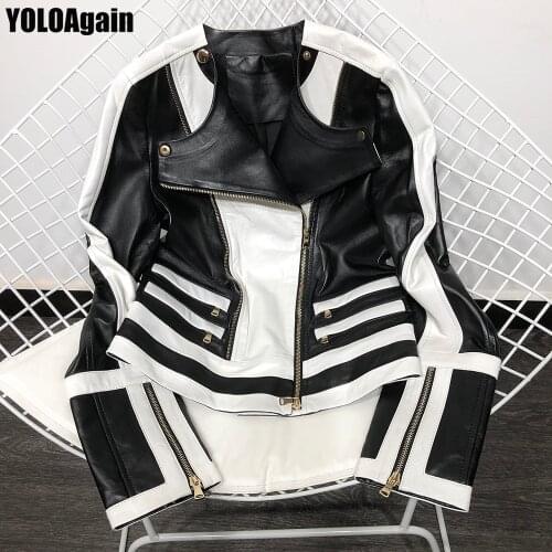 YOLOAgain women real leather jacket ladies fashion black and white stripes genuine leather jacket