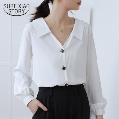 2020 Autumn New Long Sleeve V Neck Chiffon Blouse Women White Tops Korean Casual Loose Chic Solid Button Cardigan Shirt 11118