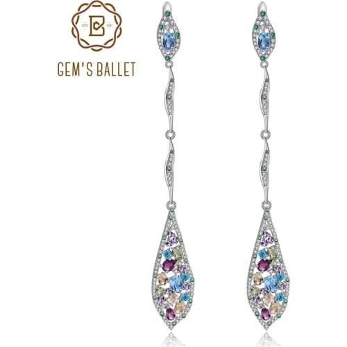 GEMS BALLET New Fashion Multicolor Natural Blue Topaz Amethyst Peridot Citrine 925 Sterling Silver Long Drop Earrings For Women