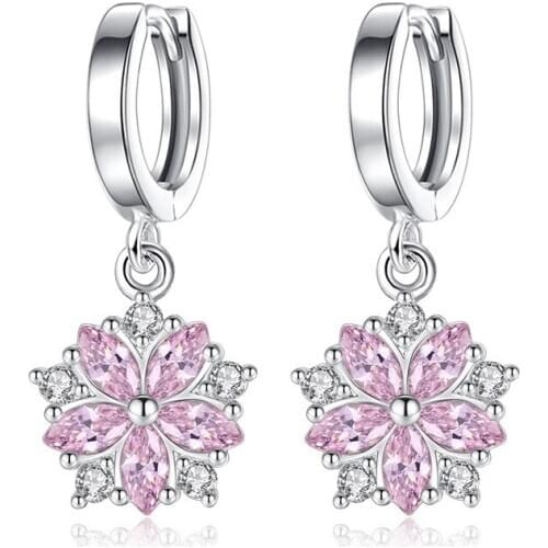 New 925 Sterling Silver Original Women Earrings Pink Flower Round Pendant Zircon Drop Earrings Wedding Party Jewelry Wholesale
