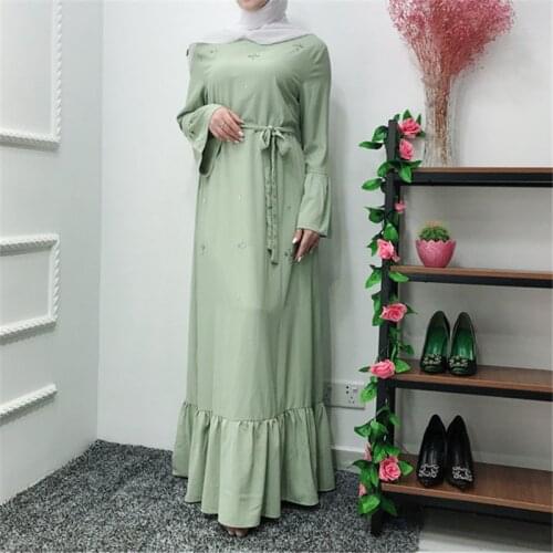 Hand made diamond beading muslim peignoir Robes syari Dubai Fashion female full length ruffles Abaya Muslim Dress with belt