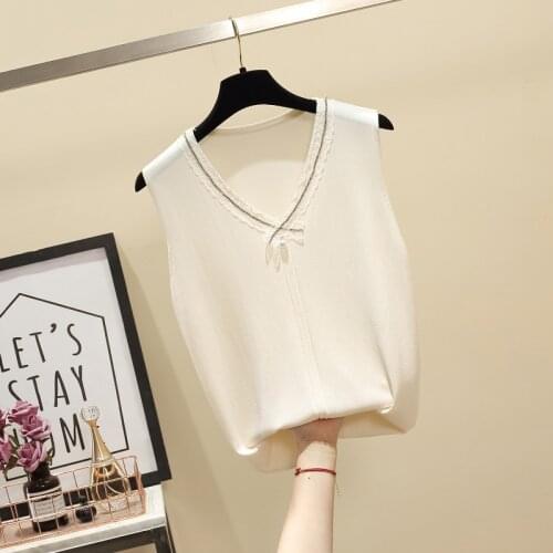 Summer V Neck Lace Stitching Knitted Women Corset Tops Office Ladies Solid Tank Top Plus Size Loose Sleeveless Ladies Tops 13597