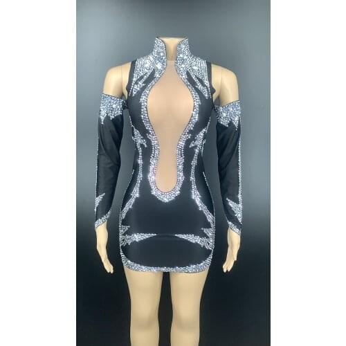 2020 Silver Rhinestones Black Color Off the Shoulder Short Dress Birthday Celebrate Outfit Prom Women Singer Dress