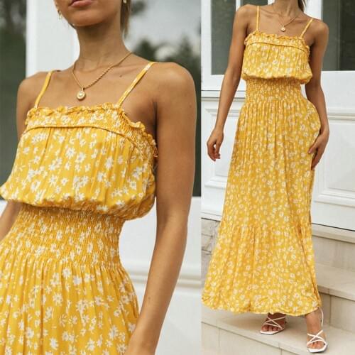 2021 New Women Floral Maxi Dress Summer Sleeveless Spaghetti Strap Pleated Dress Ladies Casual Bohemian Dresses Female