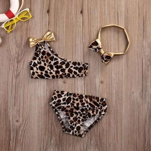 2019 Swimwear 3 pcs Suit Leopard Cute Baby Bikini Set One Shoulder Bowknot Biquini Swimsuit Summer Beach Bathing Suit