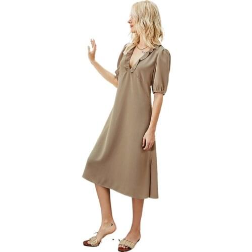 2021 Summer Womens V-neck Five-point Sleeves Lantern Sleeves Sexy Waist Mid-length Dress