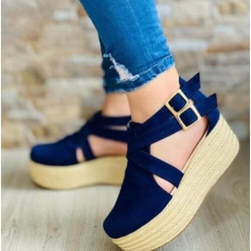 Summer Womens Vintage Wedge Heel Sandals Woman Buckle Strap Straw Thick Bottom Platform Flats Female Flock Ankle Straps Shoes