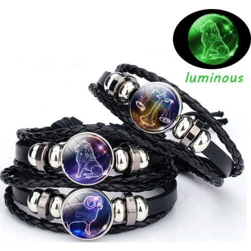 Luminous Zodiac Snap Button Bracelet Men Women 12 Constellation Woven Leather Bracelet Couples Friend Gifts Dropshiping