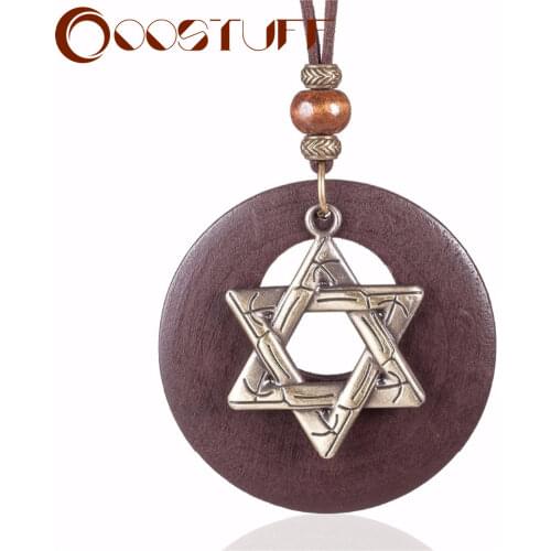 Wooden Pendants David Star Long Necklace for Women Jewelry Chokers Suspension Jewellery Rope Chain colar Vintage Suspension 2021