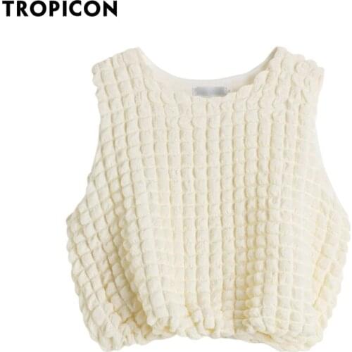 TROPICON Designer Puffy Plaid Sleeveless Top Women 2021 Korean Fashion Summer Tank Top Beige Kawaii Going Out Trendy Tops
