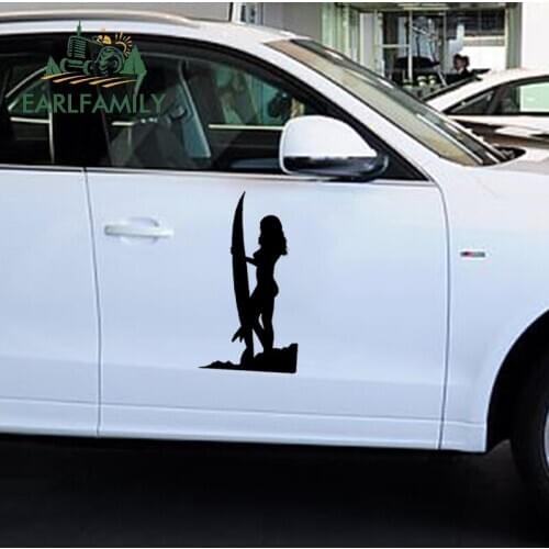 EARLFAMILY 58cm x 32cm Sexy Girl Surf Board Funny Graphical (one For Each Side) Car Sticker Truck Window Door Vinyl Decal