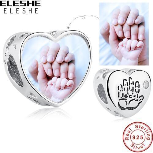 ELESHE Personalized Custom Photo Charm 925 Sterling Silver Baby Hand Heart Beads fit Original Charm Bracelet DIY Jewelry Making