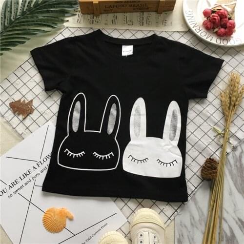 Tonytaobaby Summer New Men and Women Baby Black-and-White Rabbit Print Cotton Short Sleeve T-shirt