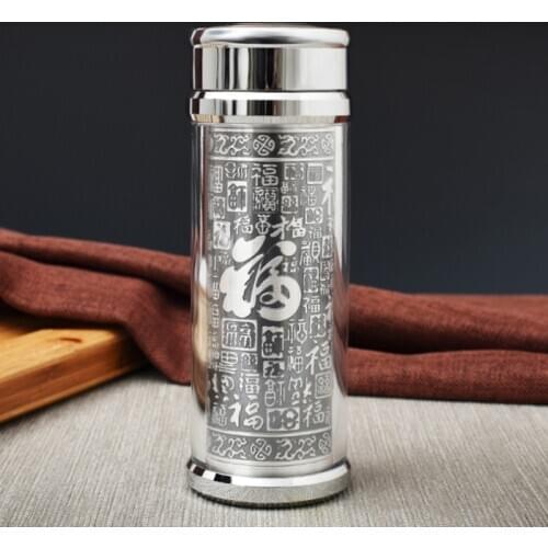 Exquisite Hundred Blessing Thermos Cup Hand Embossed Vacuum Pure Silver 999 Liner Water Bottle Health Care Gift Business Teacup