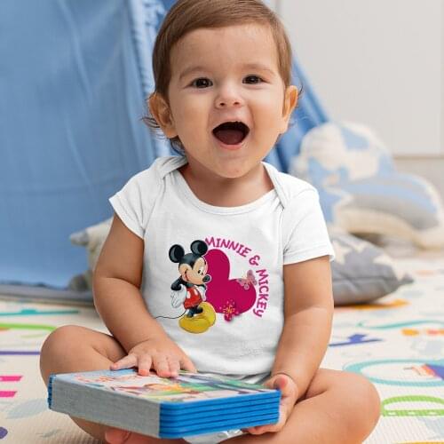 Disney Toddler Romper White Fashion Kawaii Minnie And Mickey Mouse Cartoon Pattern Korean Style Round Neck Dropship Loose Trend