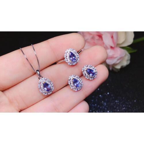 Natural And Real Tanzanite Set jewelry set Natural Real Tanzanite Set 925 sterling silver 1pc pendant,1pc ring ,2pcs Earring