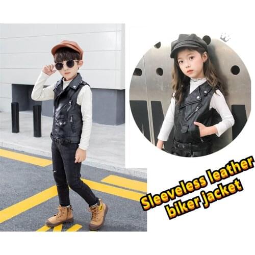 Baby boy girl sleeveless leather jacket coat vest all-match motorcycle lapel new PU leather vest trendy fashion
