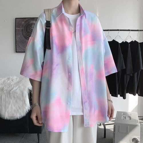 Summer Tie-dye Gradient Shirt Mens Korean Fashion Loose Casual Shirt Mens Harajuku Streetwear Hip-hop Short-sleeved Shirt Men