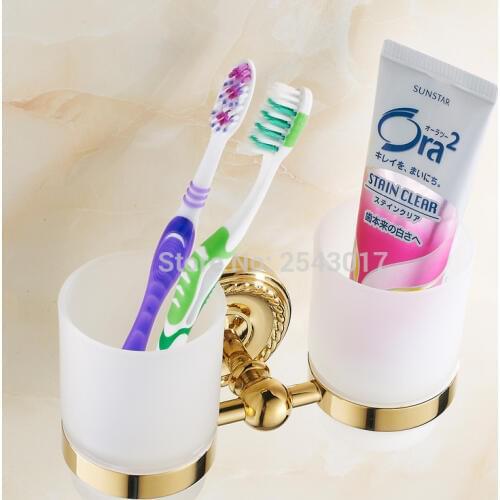 Cup&Tumbler Holders Wall Mounted Golden Finish Double Glass Cup Holders Bathroom Accessories Toothbrush Holder ZR2659