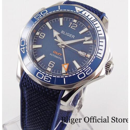 New Blue Brand Self Winding Men Watch Automatic GMT Hand Ceramic Bezel Rubber Strap
