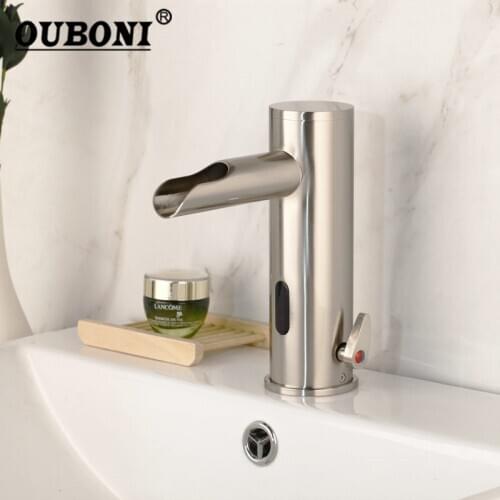 OUBONI Chrome Automatic Hand Touch Griffin Automatic Sensor Bathroom Sink Faucet Solid Brass Basin Sink Mixer Water Faucet