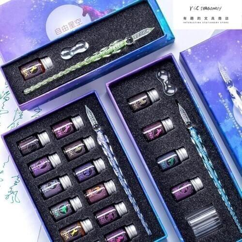 3Pcs/set Unicorn Crystal Glass Dip Pen Starry Sky Glitter Powder Fountain Pen Colors Ink Gift Box Set Student Writing Supplies