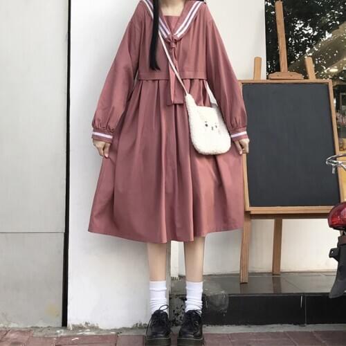 Japanese College-Style Sweet Strap Long Sleeve Sailor Collar High-Waist Slim JK Sailor Dress Female Autumn sweet lolita dress