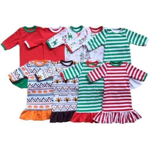 18" Doll Girls Christmas NightGown Ruffle Dress Christmas Pajamas Red White Stripe Embroidered Dress Doll And Me Christmas Dress