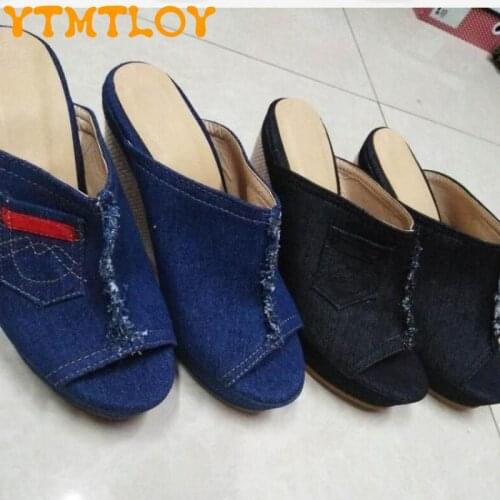 Ladies Sandals New Summer Fish Mouth Slope Heels Comfortable Ladies Flat Sandals Denim Platform Slope High Heels