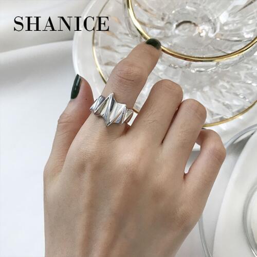 Shanice Real Pure 925 Sterling Silver Jewelry Plain Lightning Shape Wide Smooth Face Ring for Women Gift Open Adjustable Rings