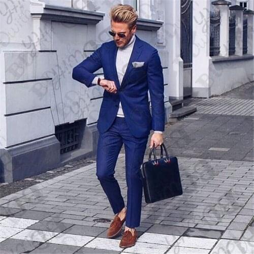 Blue Men Suit Costumes Wedding Suits For Men Notch Lapel 2 Pieces Slim Fit Suit Mens Tuxedo Custom Made Men Clothes