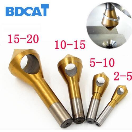 BDCAT 4pcs/set 2-5mm 5-10mm 10-15mm 15-20mm Titanium Coated Countersink & Deburring Center Drill Bits Expanding Step Chamfering