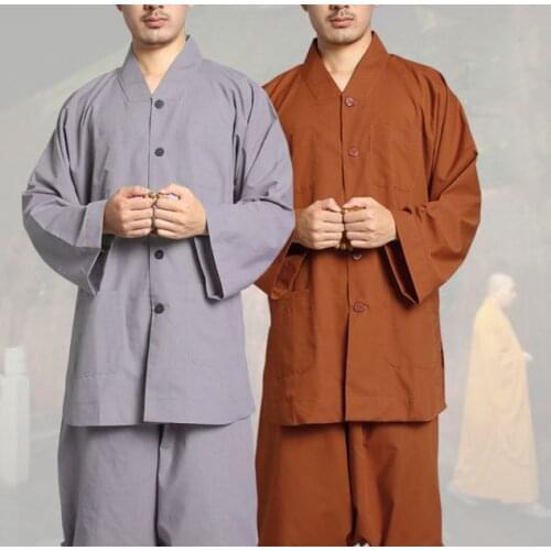 Spring&Autumn gray/yellow Buddhist shaolin monk kung fu suits lay meditation clothing zen uniforms outfits