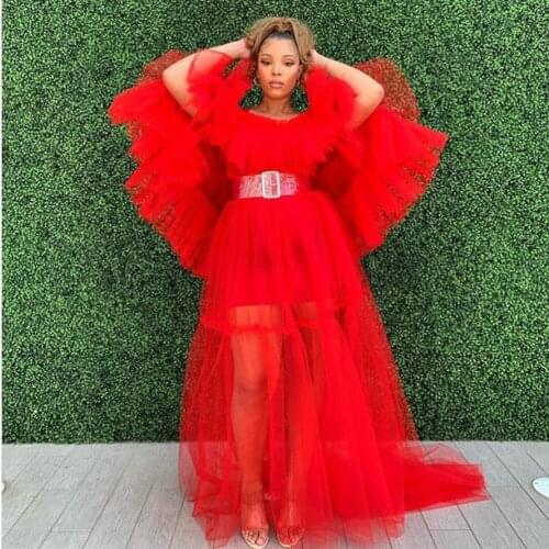 See Thru Red A-line Tulle Prom Dresses Puffy Ruffles Tulle Sleeves 2021 Long Tulle Prom Gowns Women Party Dress