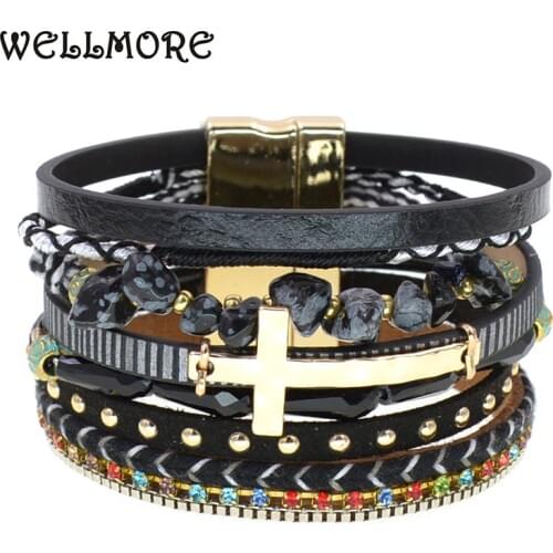 WELLMORE 7 colors bohemia bracelets for women magnet charm beaded stone bracelets fashion corss leather bracelets female jewelry