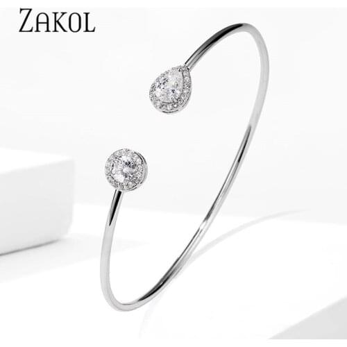 ZAKOL Fashion Adjustable Style Jewelry Water Cut & Round Shape Cubic Zirconia Open Cuff Bangle for Elegant Wimen Girl Gift