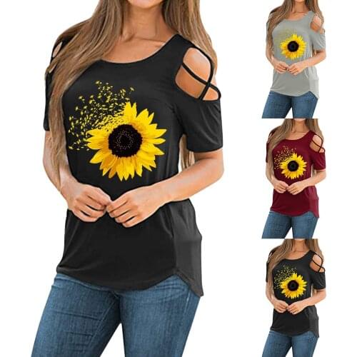 Women Short Sleeve Round Neck Sunflower Printing T-Shirt Exposed shoulders Tee Tops Solid Color Blouse Daily All-match T-shirt